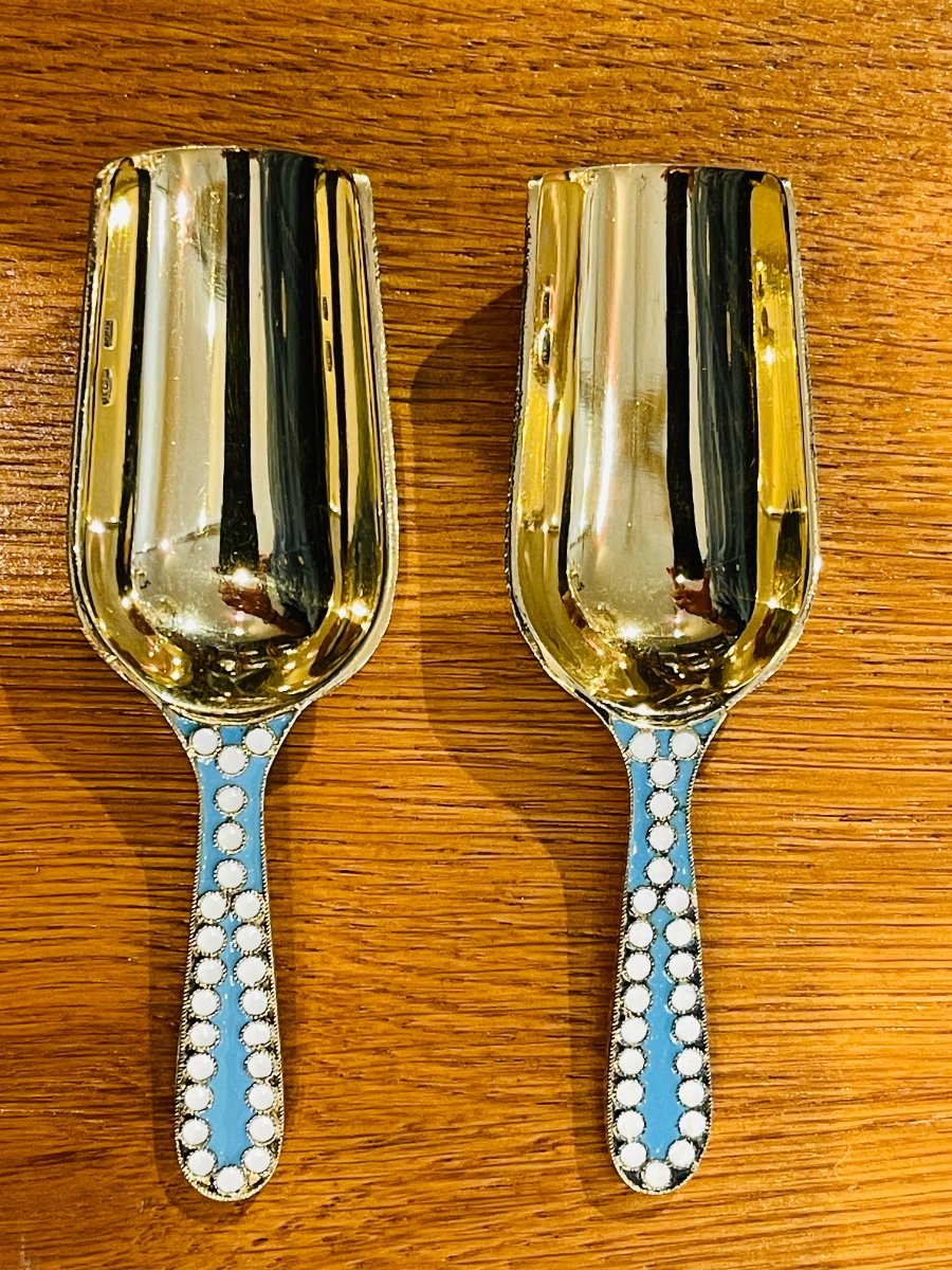 Silver Vermeil Enameled Russia Pair Of Sugar Or Tea Spoons -photo-1