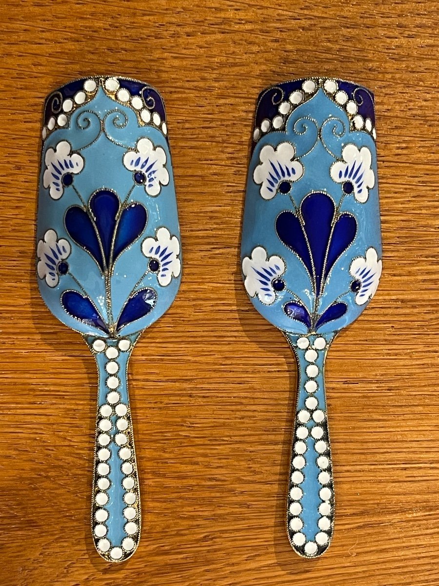 Silver Vermeil Enameled Russia Pair Of Sugar Or Tea Spoons -photo-2