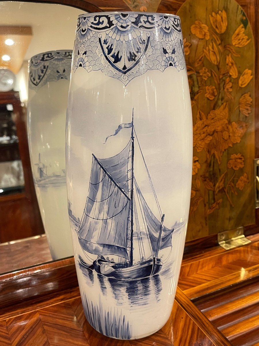 Legras Et Cie Delft Decor Vase In Opaline Sailboat And Mills Decor