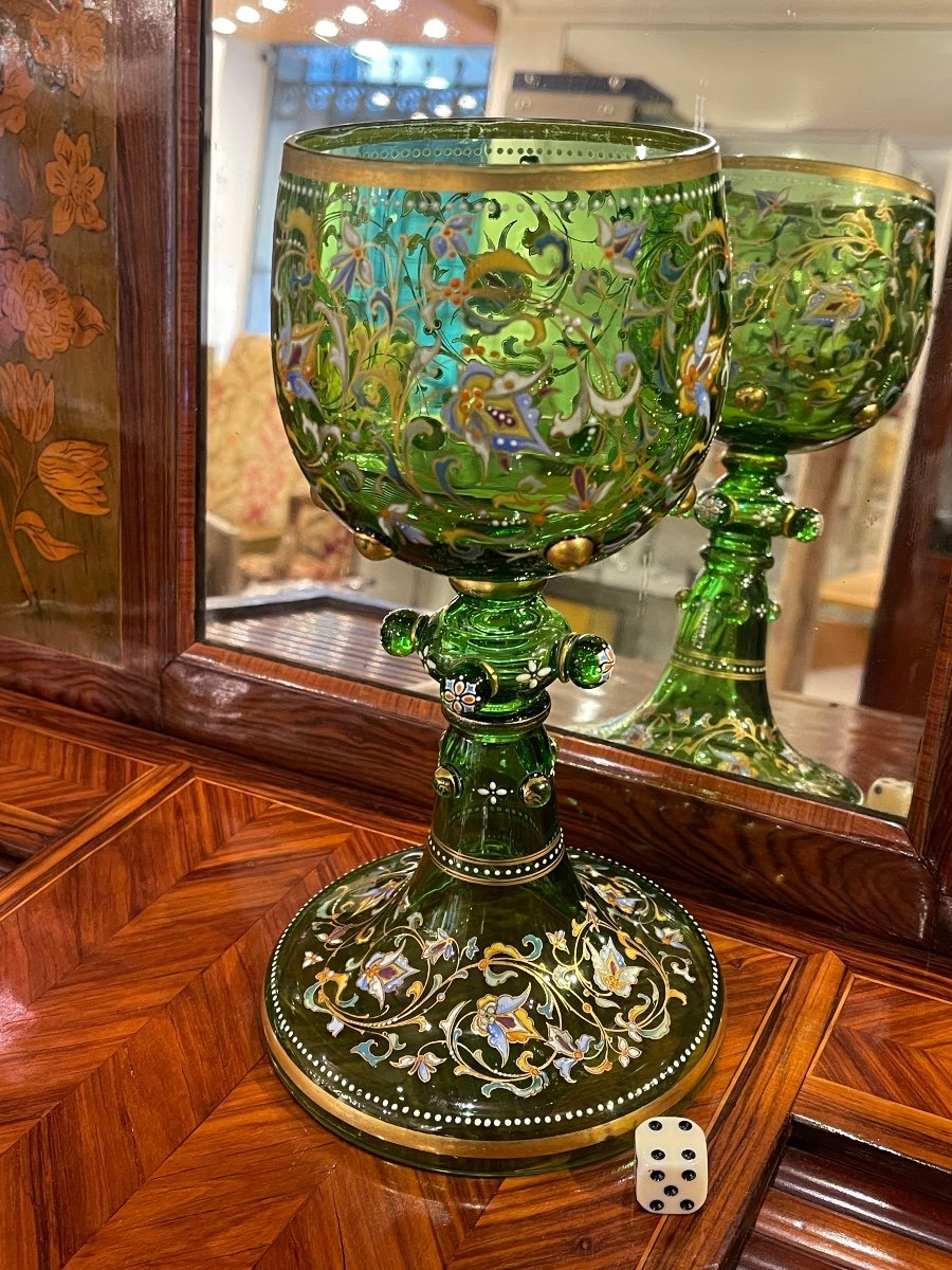 Grand Calice Verre De Bohème Emaillé Et Doré Karlsbad