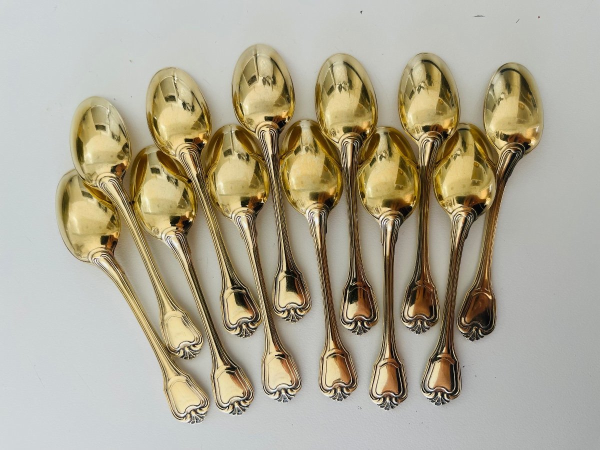 12 Sterling Silver Vermeil Chistofle Port Royal Moka Coffee Spoons-photo-2