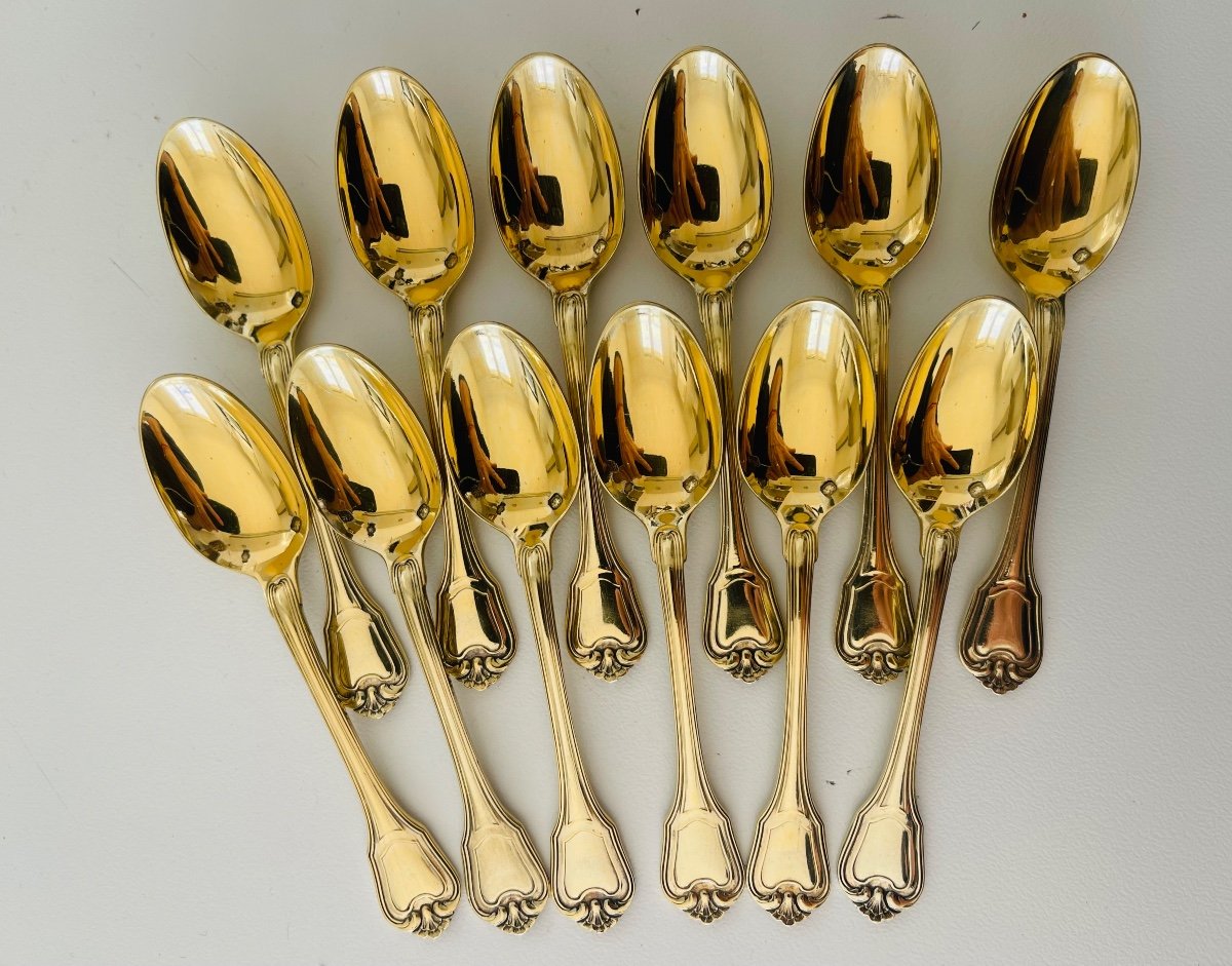 12 Sterling Silver Vermeil Chistofle Port Royal Moka Coffee Spoons