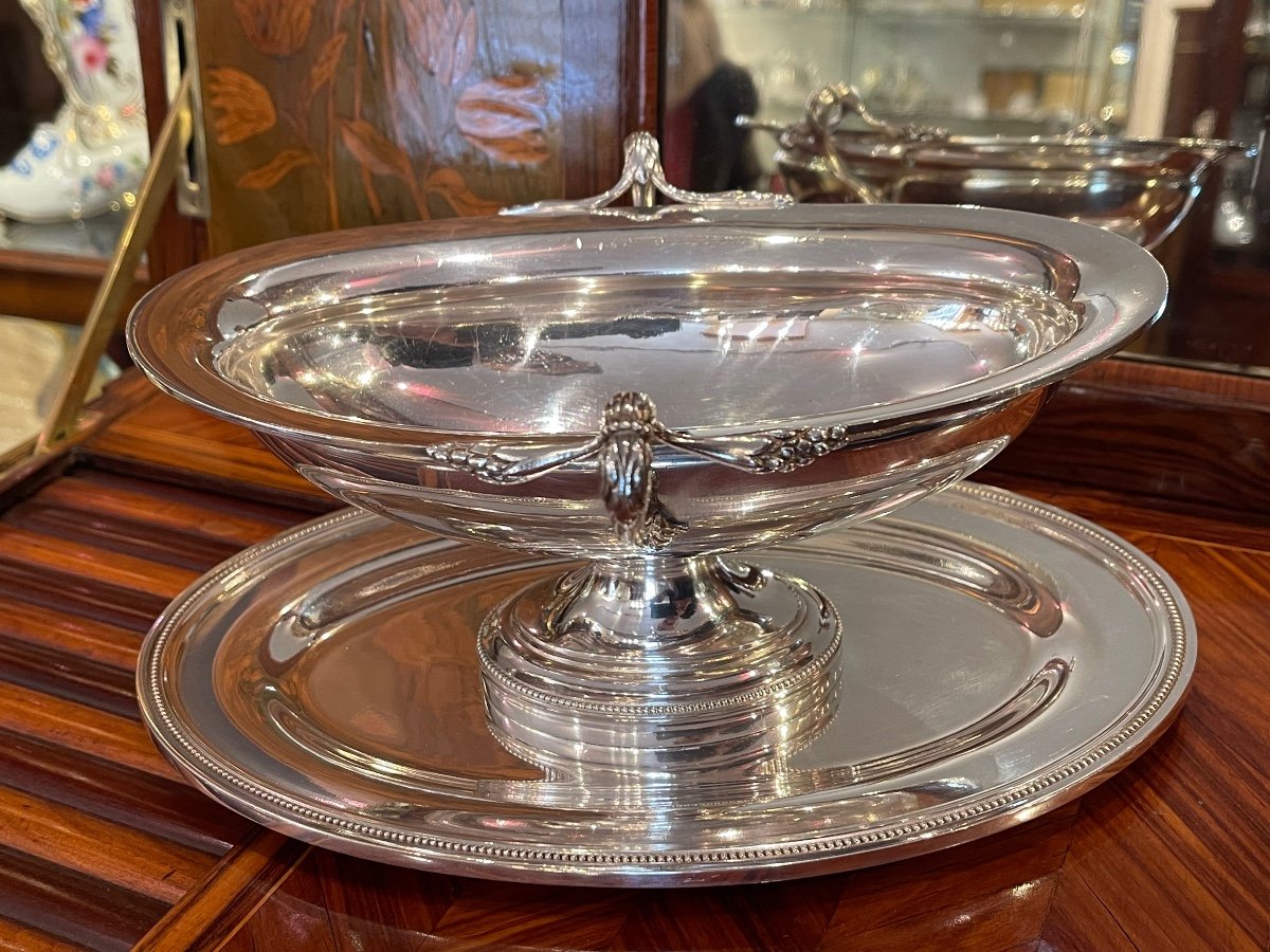 Christofle Perles Sauce Boat And Tray In Silver Metal 19th Century