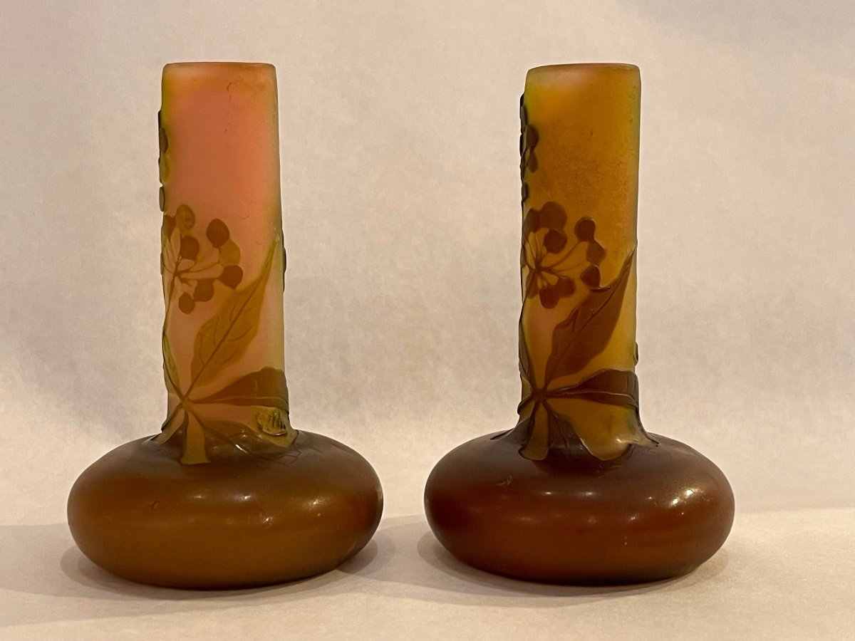 Gallé Paire De Vases Miniatures 1900 Art Nouveau En Verre -photo-1