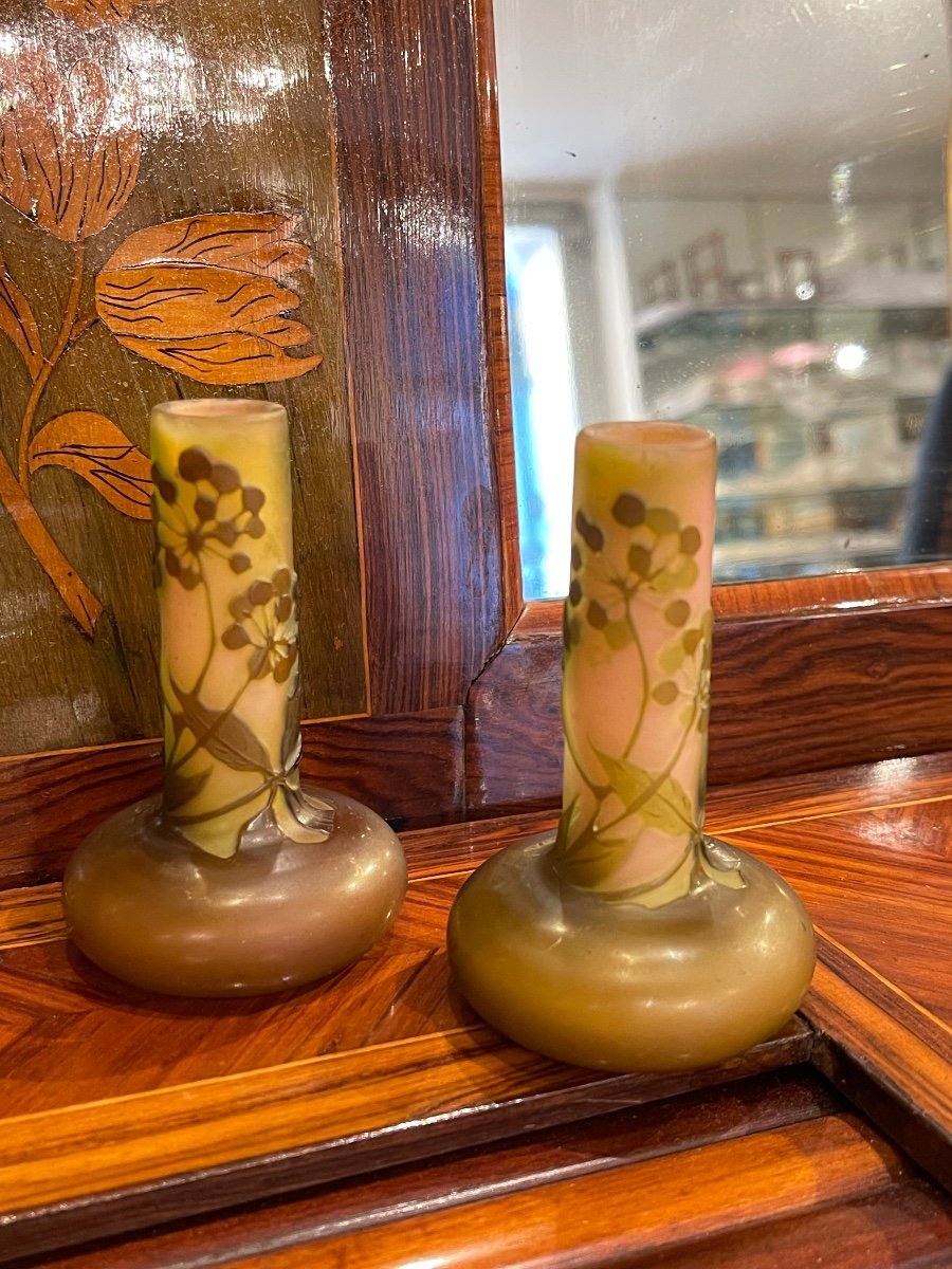 Gallé Paire De Vases Miniatures 1900 Art Nouveau En Verre 