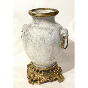 Cracked Porcelain Vase Asia China Gilt Bronze Frame And Rings