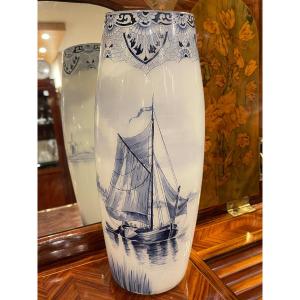 Legras Et Cie Vase Décor Delft En Opaline Décor Voilier et moulins