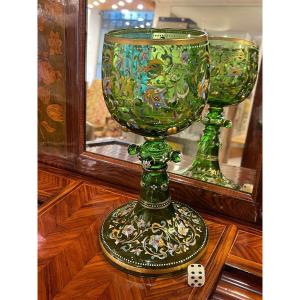 Grand Calice Verre De Bohème Emaillé Et Doré Karlsbad