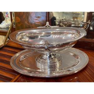 Christofle Perles Sauce Boat And Tray In Silver Metal 19th Century