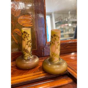 Gallé Paire De Vases Miniatures 1900 Art Nouveau En Verre 