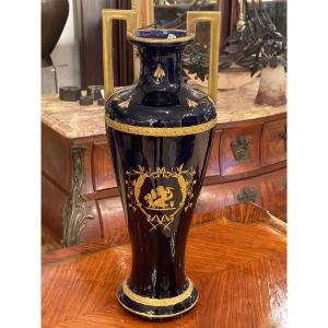 Large Porcelain Vase From Tours Gustave Hasch Sèvres Blue And Gold