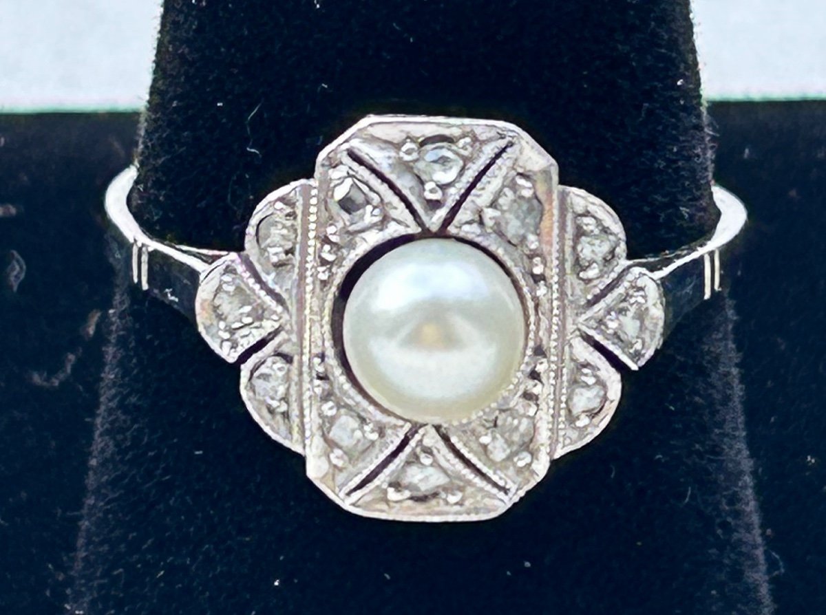 Proantic: Bague Perle Et Diamants Taille Ancienne - Or Jaune Et Plati