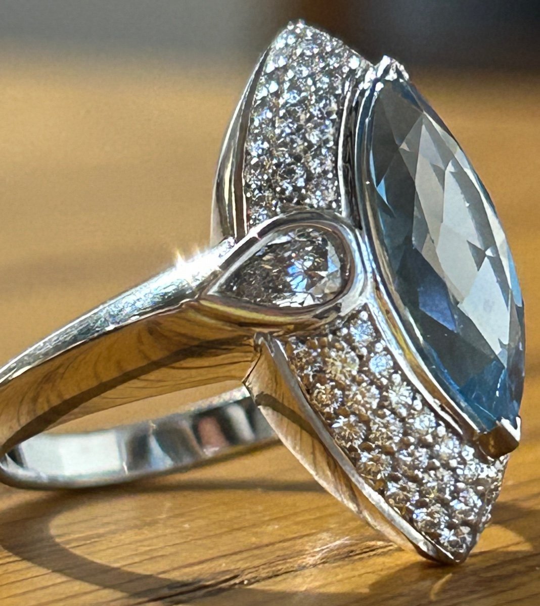 Bague Or gris, Aigue Marine, Diamants-photo-3