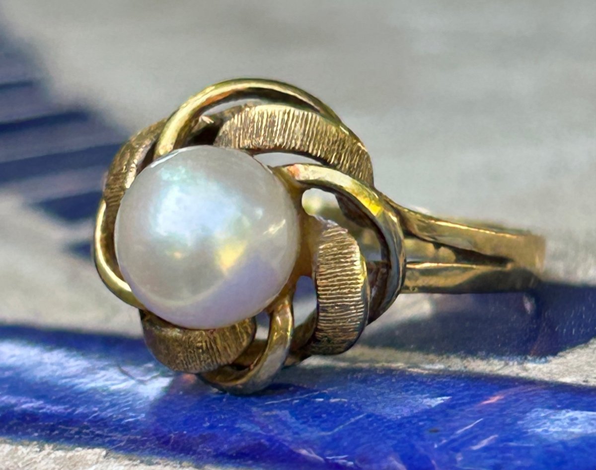 Gold Flower And Cultured Pearl Ring-photo-3