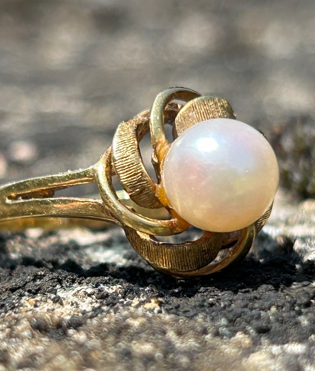 Gold Flower And Cultured Pearl Ring-photo-4