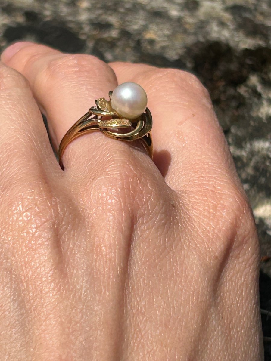 Gold Flower And Cultured Pearl Ring-photo-6