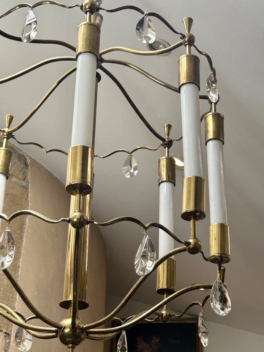 Art Deco Chandelier In Polished Brass, Bronze And Glass-photo-3