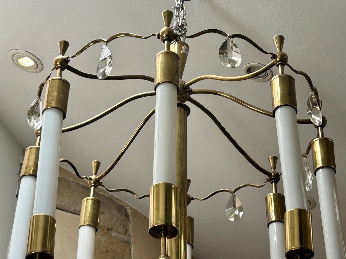 Art Deco Chandelier In Polished Brass, Bronze And Glass-photo-2