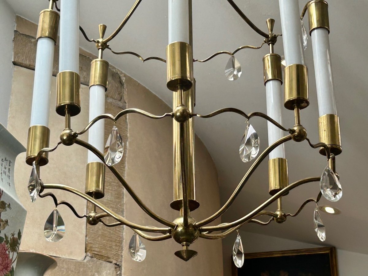 Art Deco Chandelier In Polished Brass, Bronze And Glass-photo-3