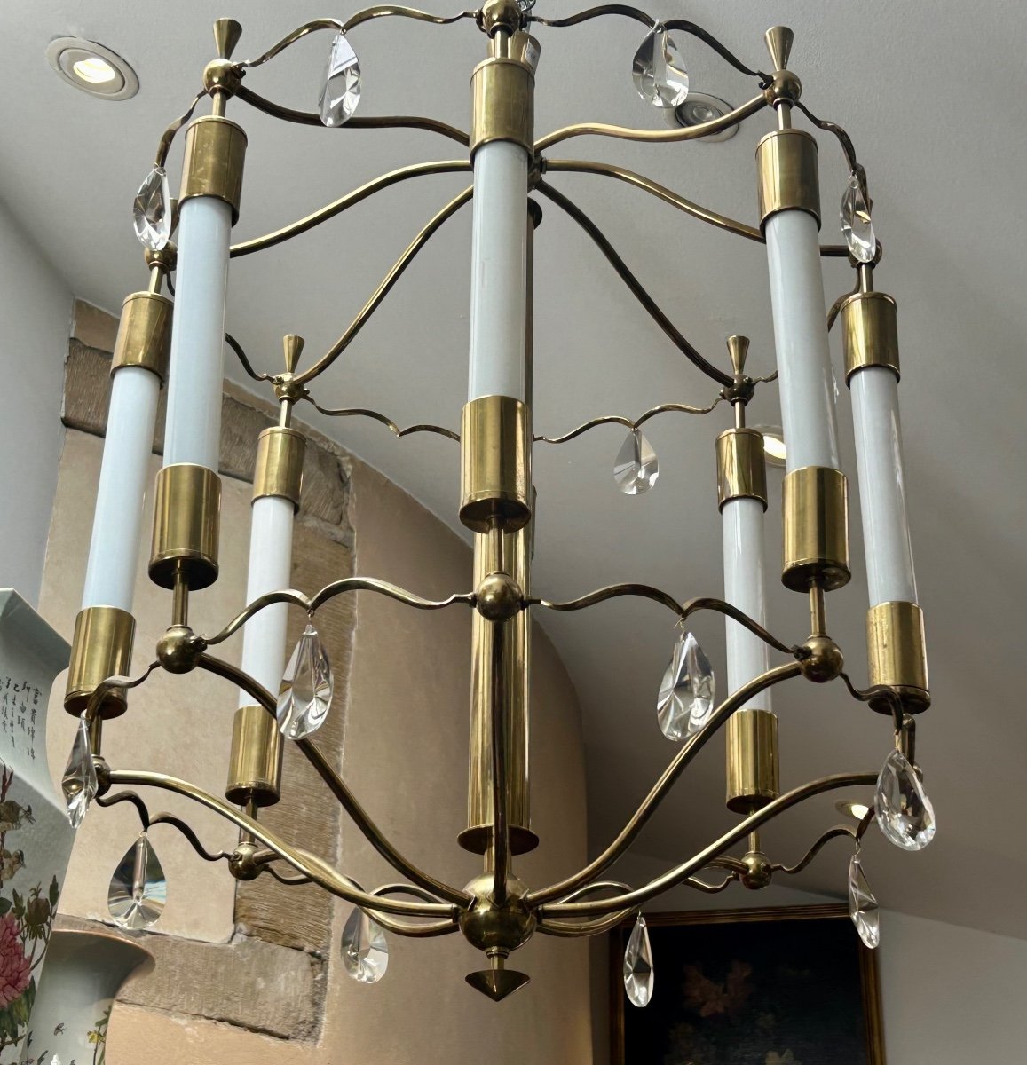 Art Deco Chandelier In Polished Brass, Bronze And Glass-photo-8