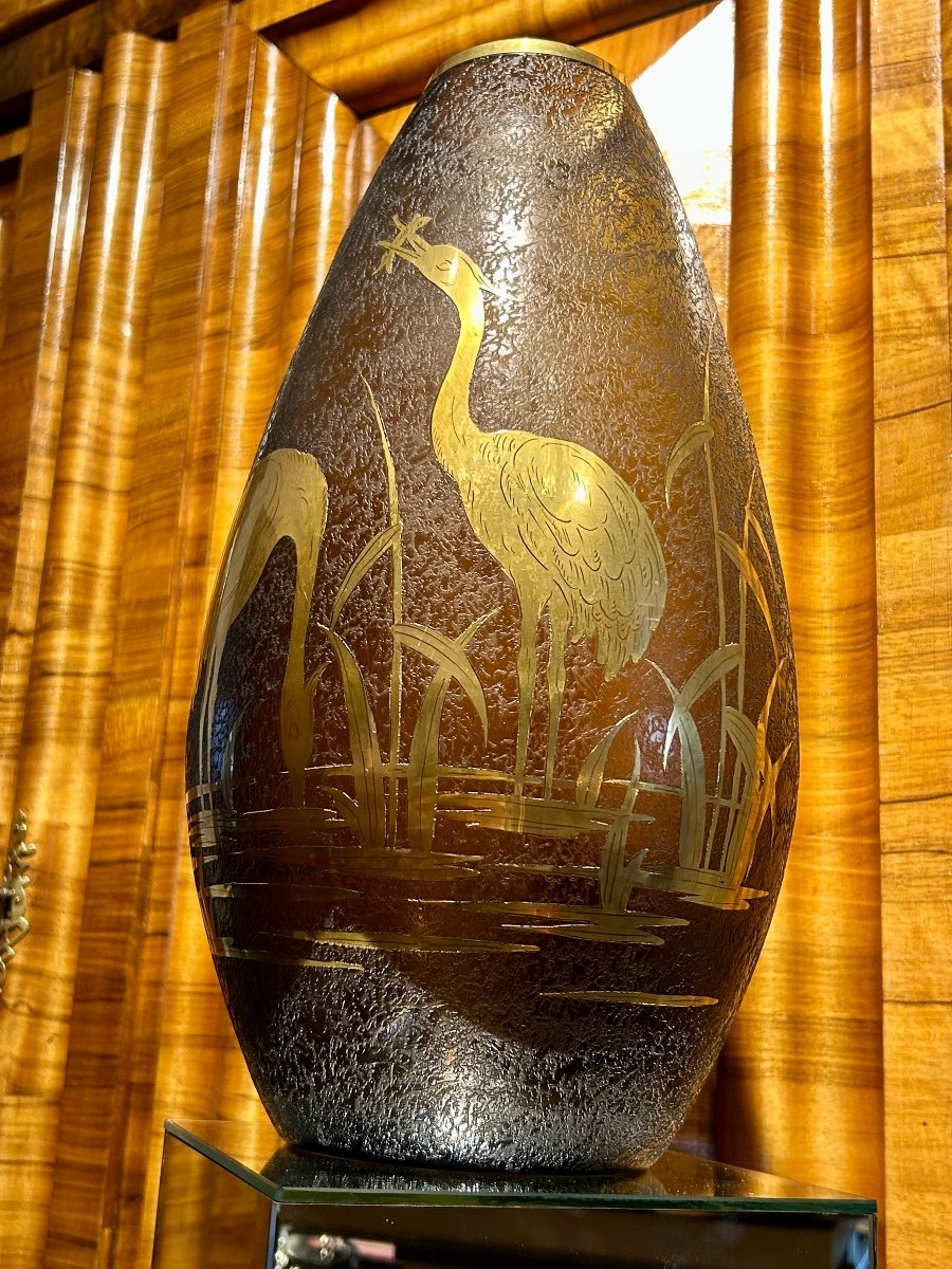 Large Vintage Engraved Glass Vase-photo-2