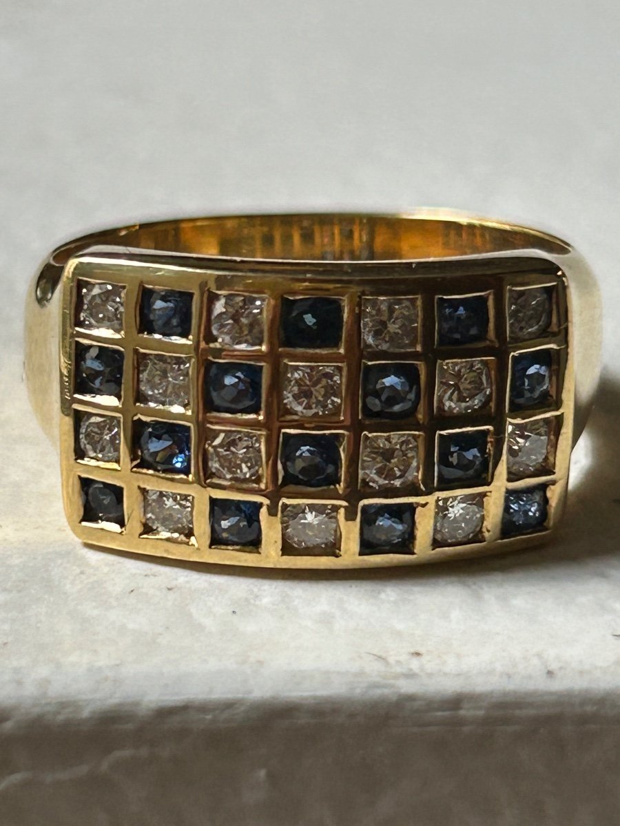 Bague damier or, saphirs bleus et brillants -photo-4