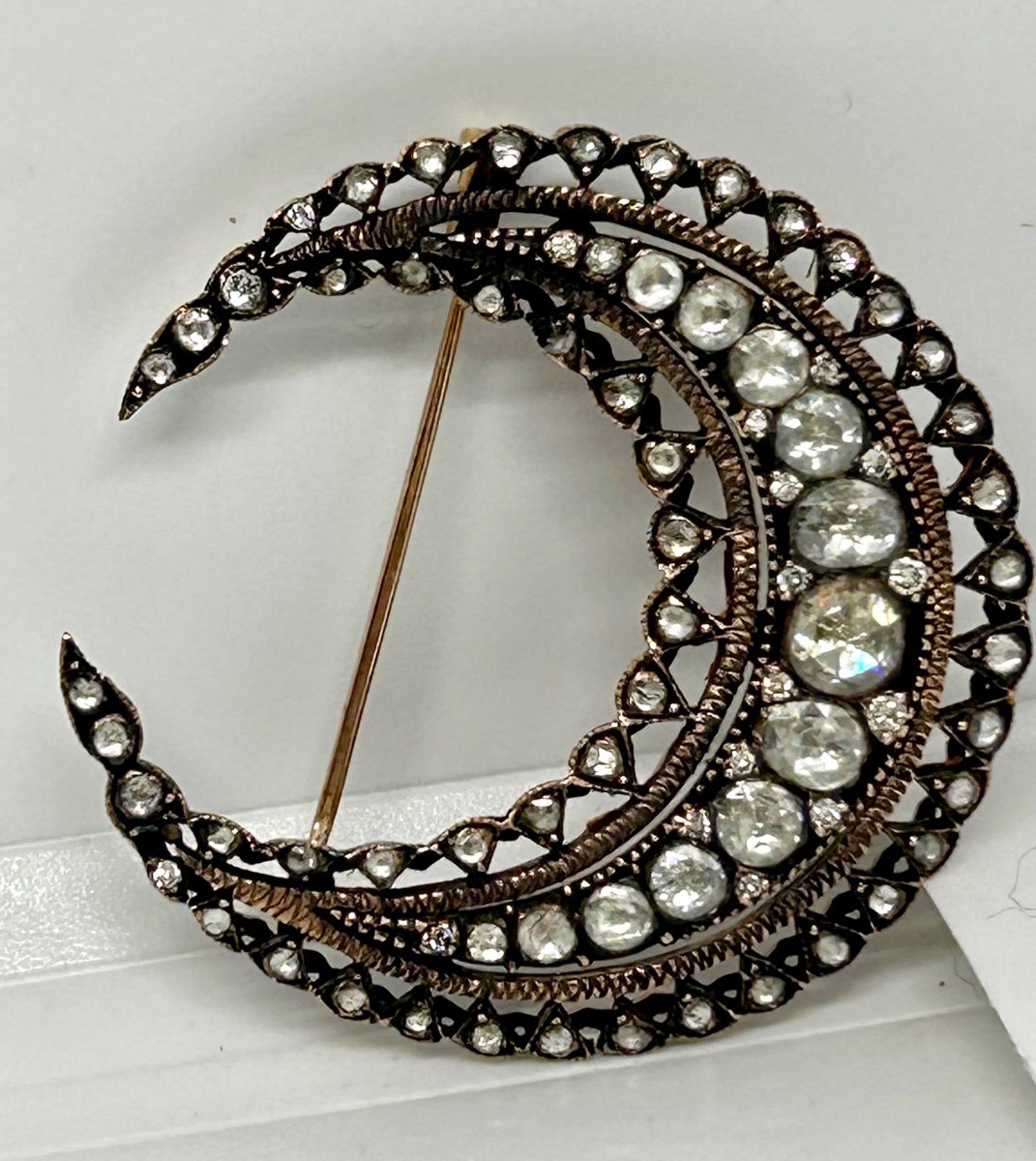 Crescent Moon Brooch In Pink Gold And Diamonds