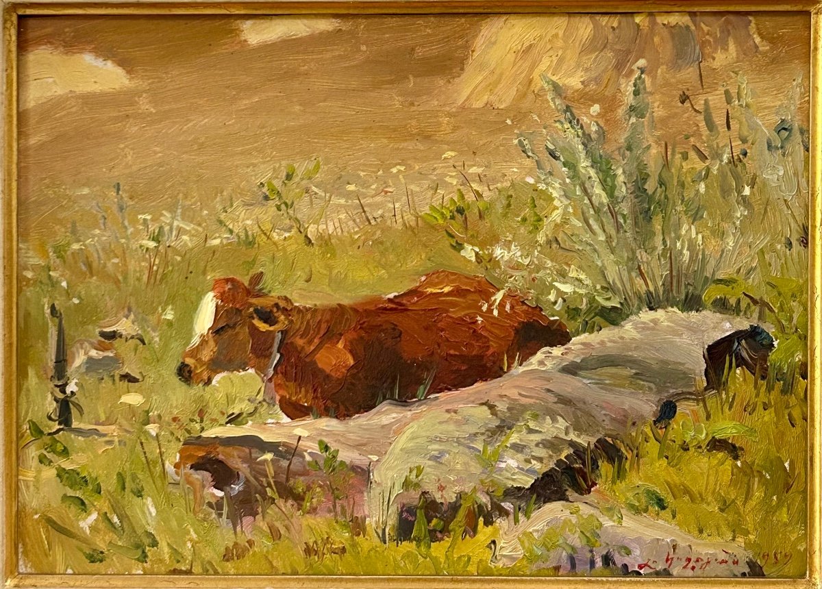 Oil On Cardboard Representing A Cow, Illegible Signature-photo-3