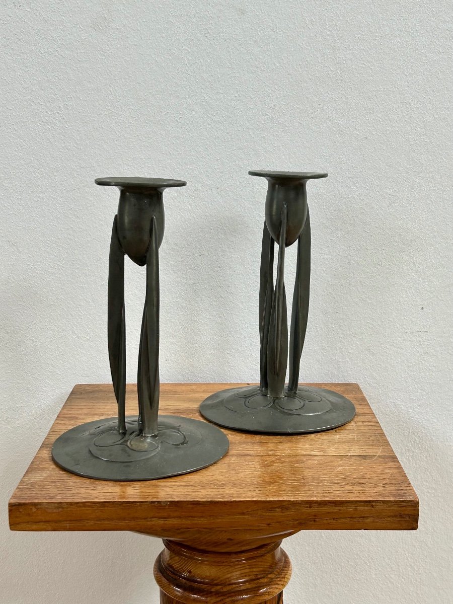 Archibald Knox, Pair Of Art Nouveau Candlesticks -photo-2