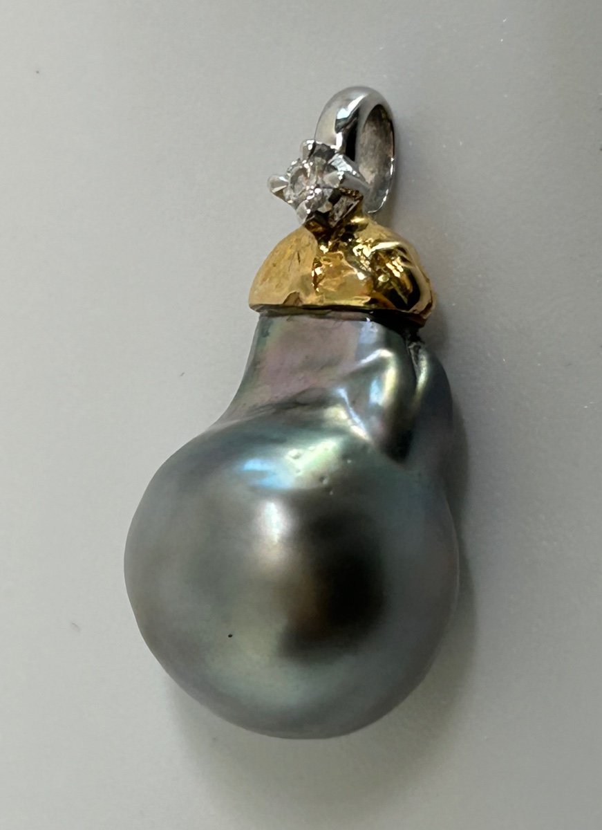 Baroque Gray Tahitian Pearl Pendant, Gold And Diamond-photo-5