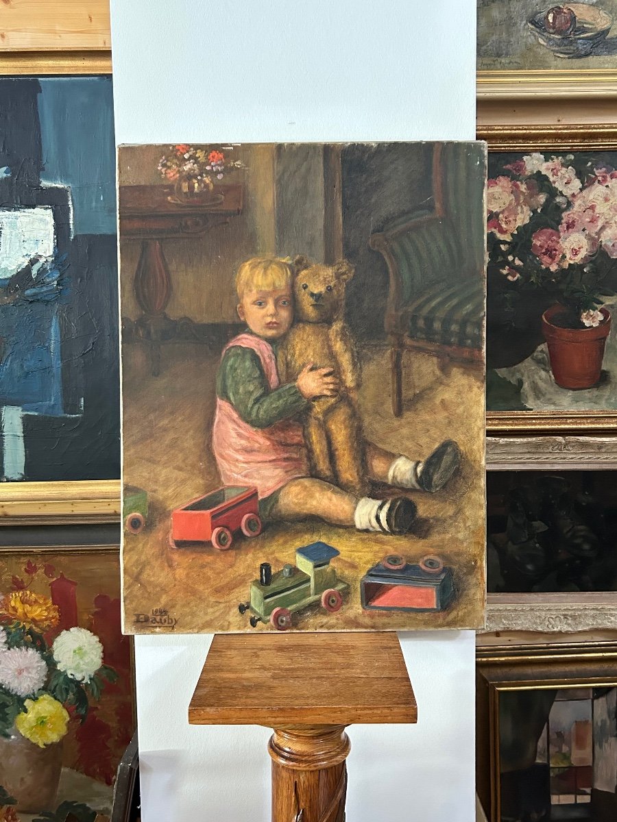 E. Dauby, Oil On Canvas The Child And The Teddy Bear-photo-2