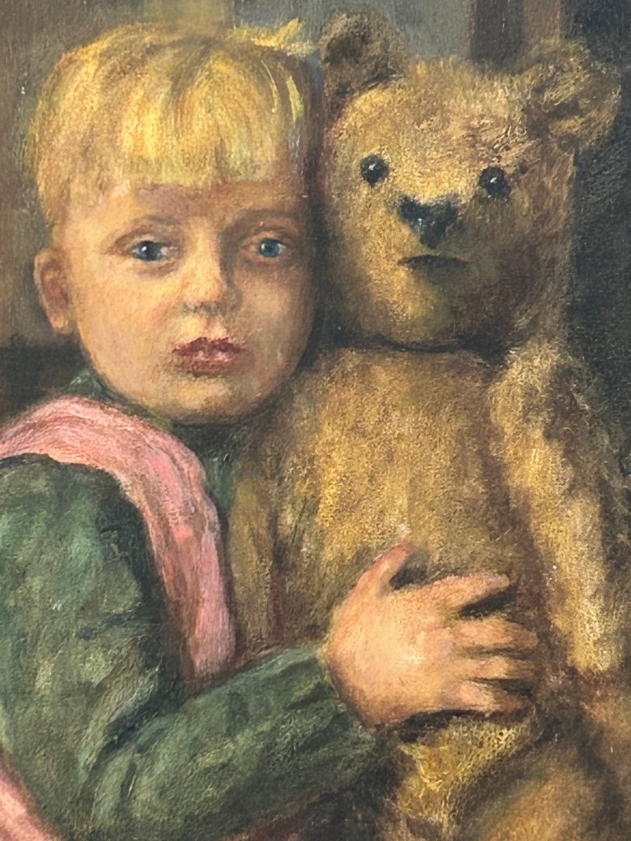 E. Dauby, huile sur toile l’enfant et la peluche-photo-4