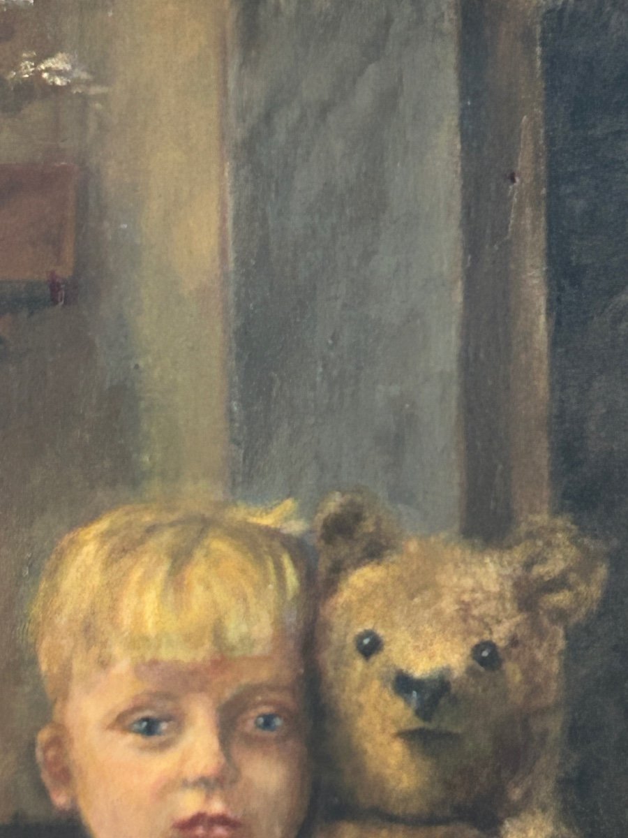 E. Dauby, Oil On Canvas The Child And The Teddy Bear-photo-2