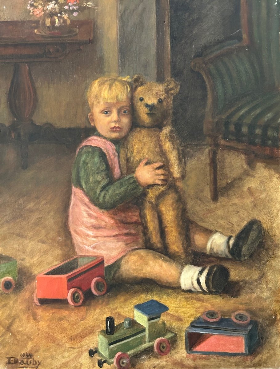 E. Dauby, huile sur toile l’enfant et la peluche