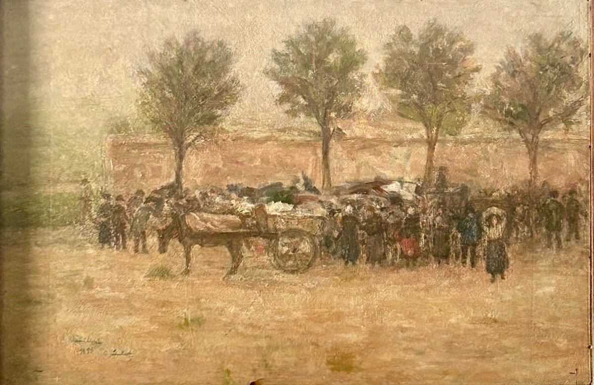 Camille Nicolas Lambert, “the Market” Oil On Panel