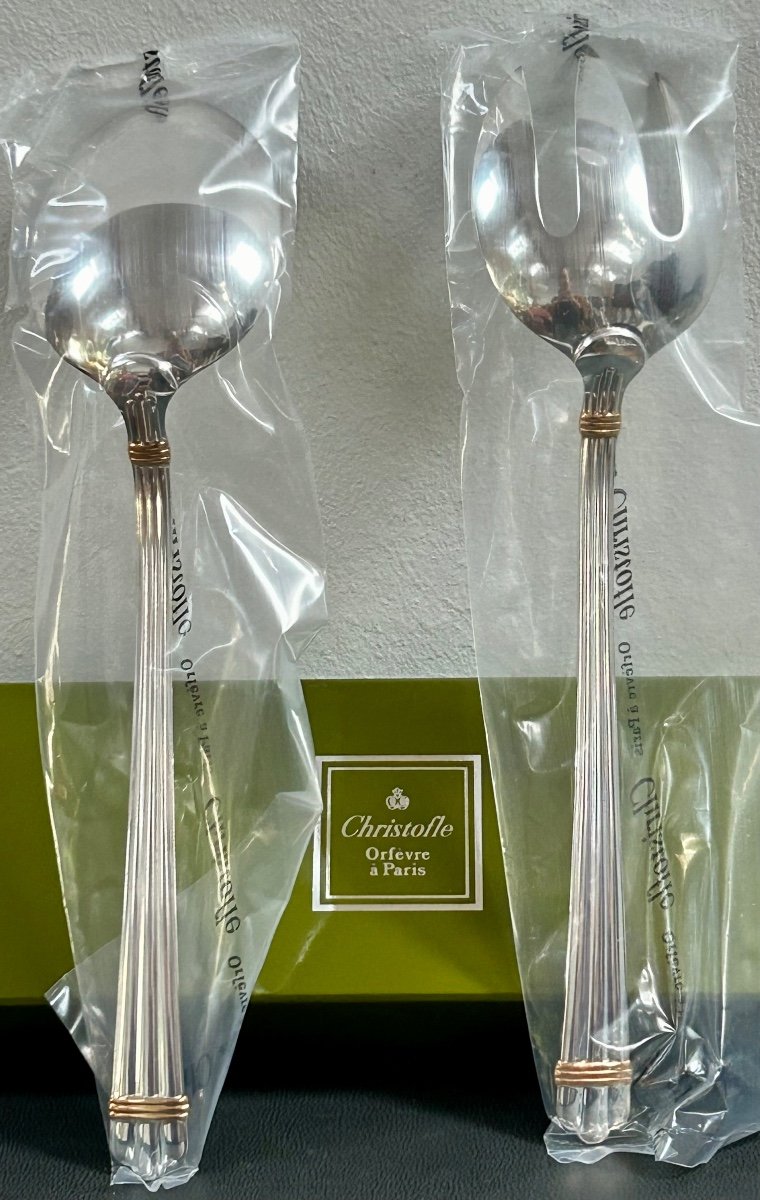 Christofle, Aria Salad Serving Cutlery With Gold Rings 