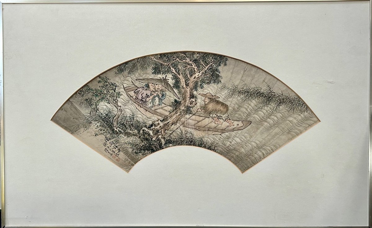 Set Of 3 18th Century Chinese Fan Paintings-photo-2