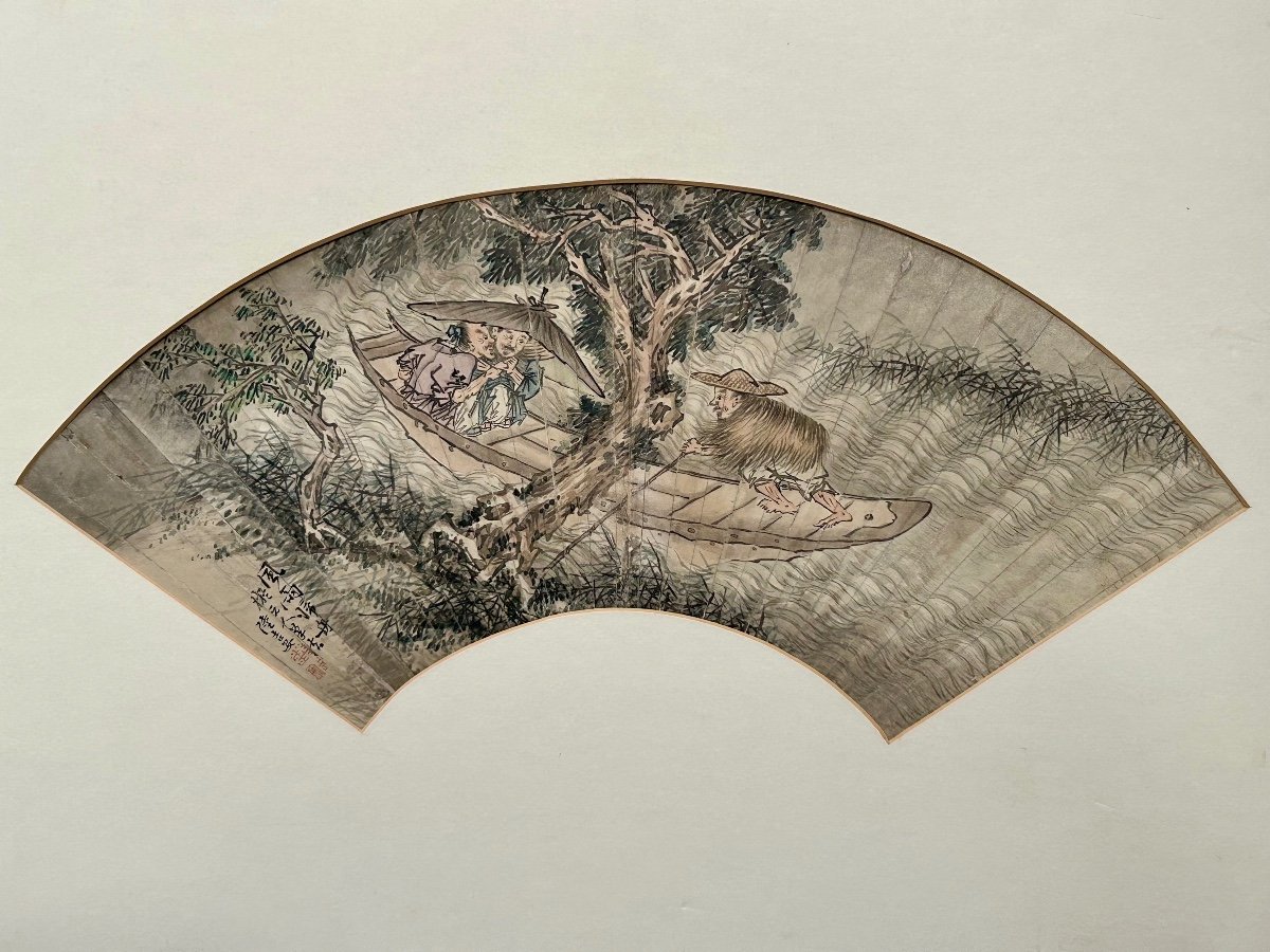 Set Of 3 18th Century Chinese Fan Paintings-photo-3