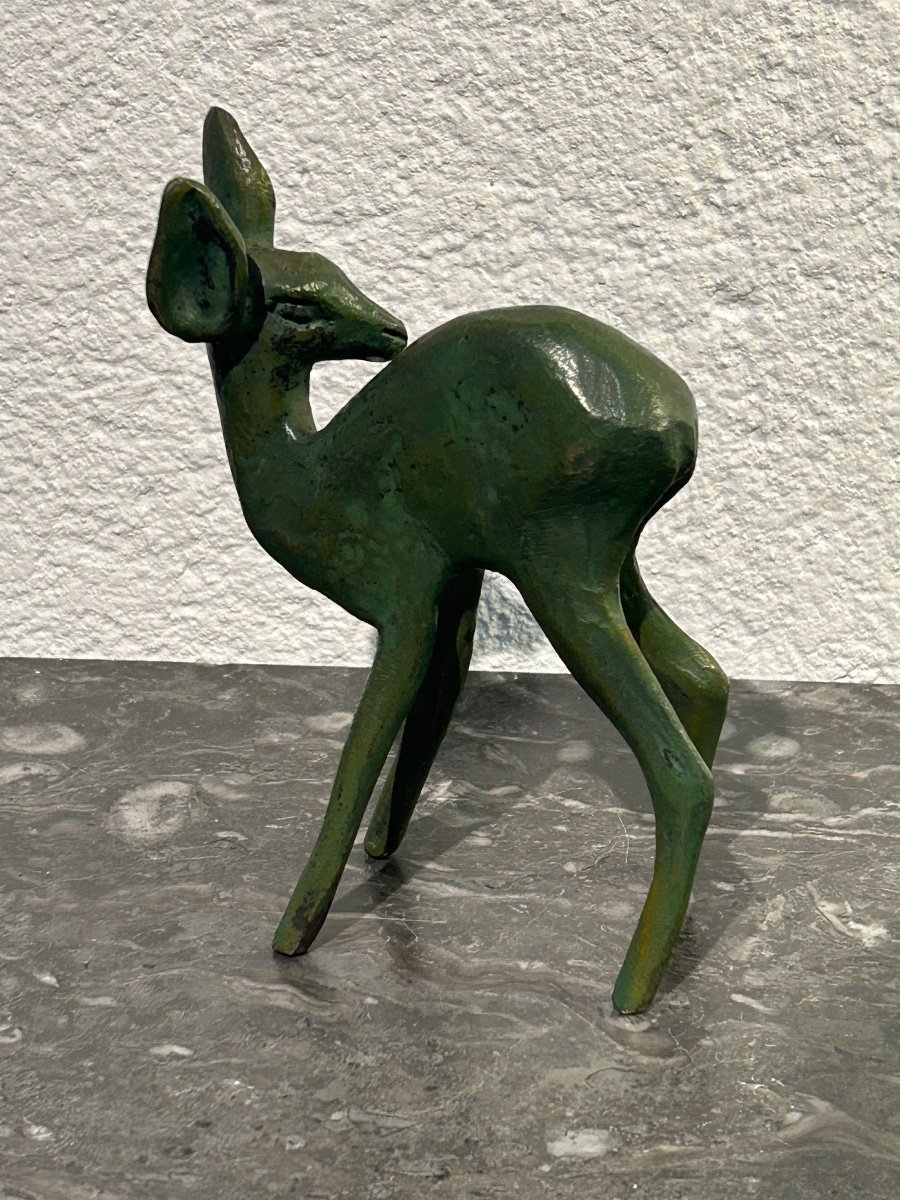 R. Schorr, Fawn Sculpture In Patinated Bronze-photo-1