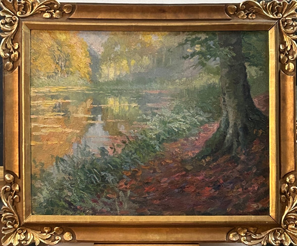 J.Steven, huile sur toile paysage de forêt -photo-3