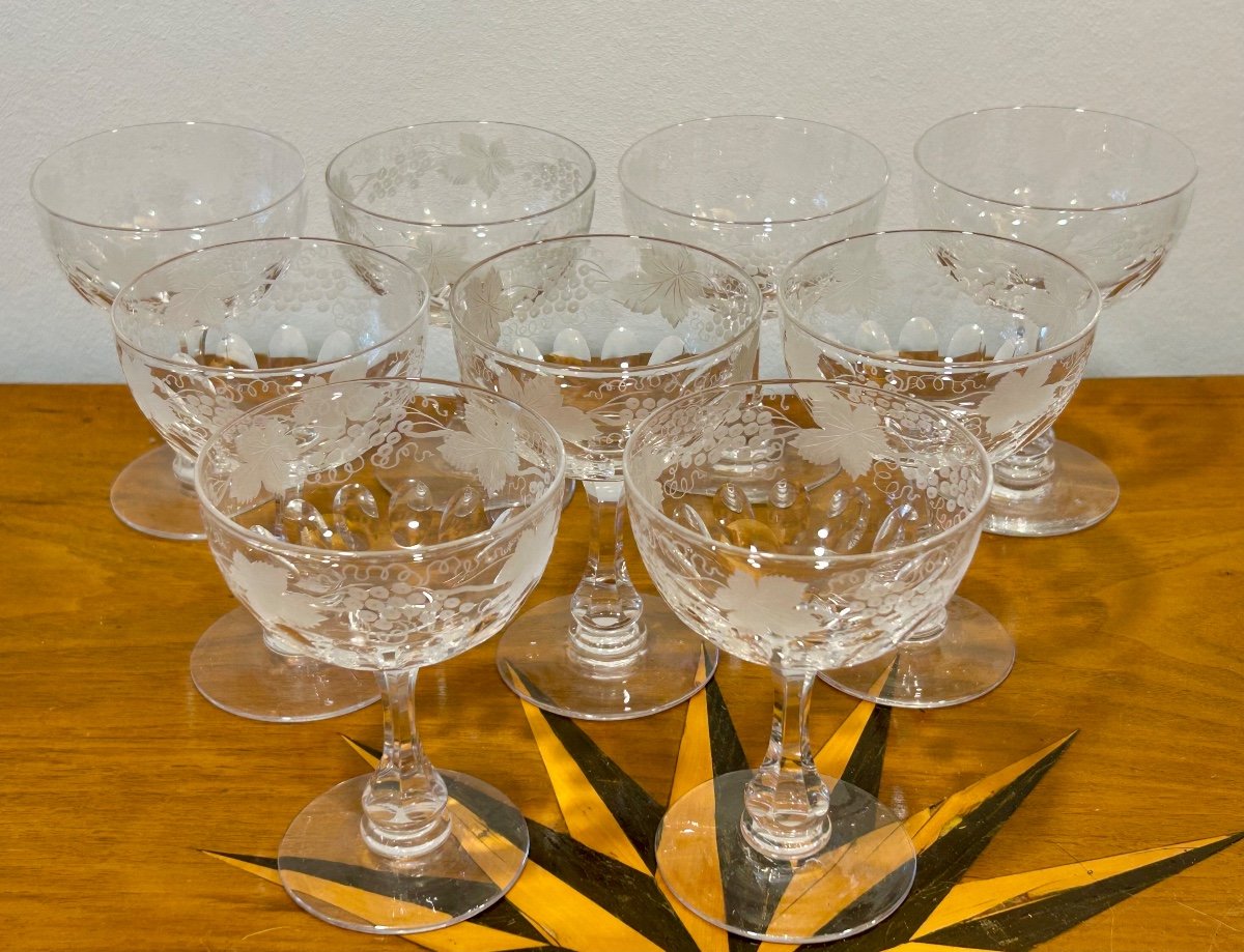 Set Of 9 Crystal Champagne Glasses With Vine Decoration -photo-2