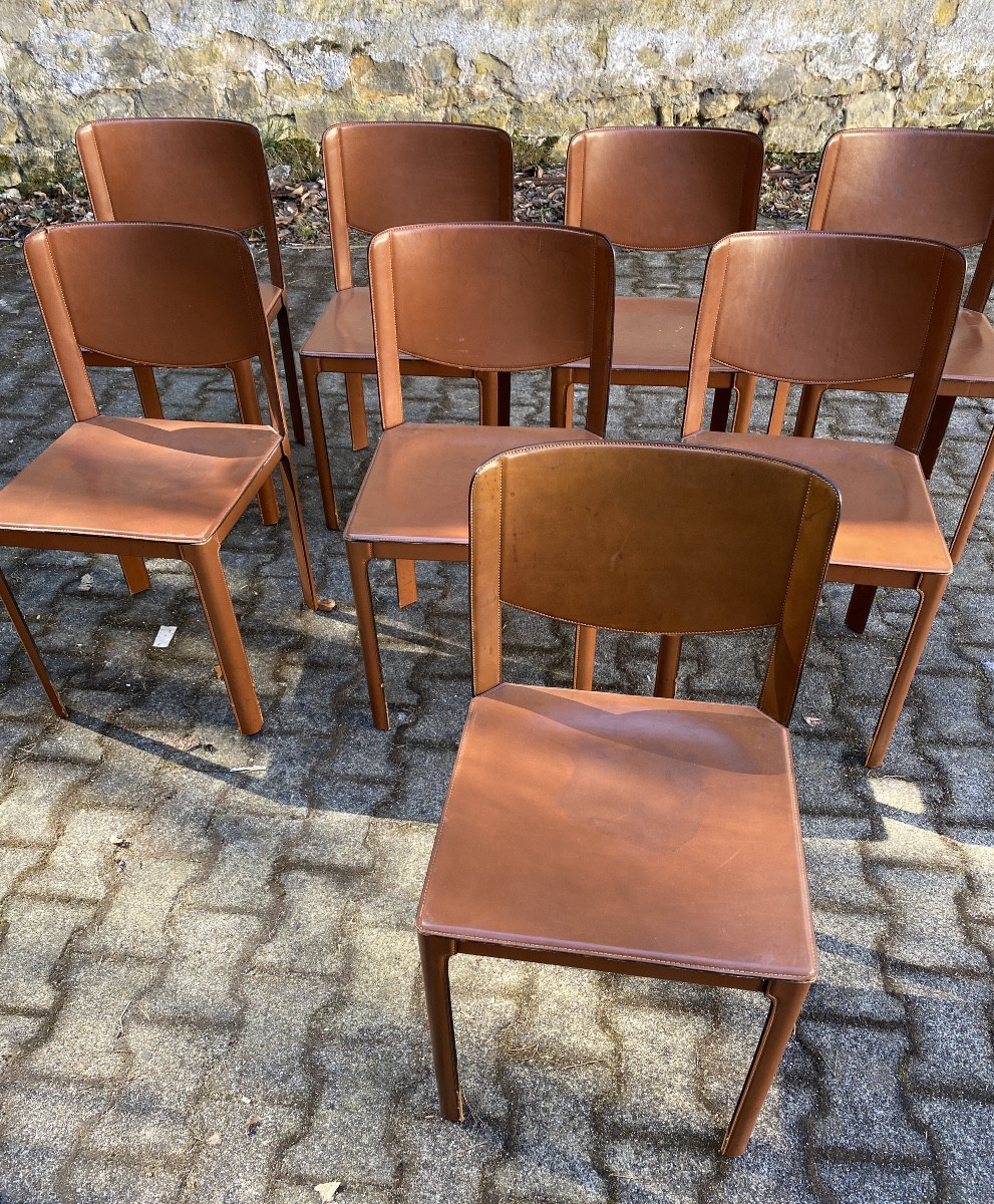 Matteo Grassi Set Of 8 Vintage Designer Leather Chairs 