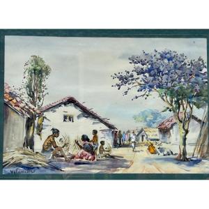 Watercolor Signed Yalavatti, Indian Village