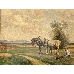 Watercolor On Paper, Farmer With His Horses