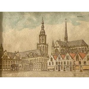 Pm, Ink Drawing Of The Main Square In Furnes