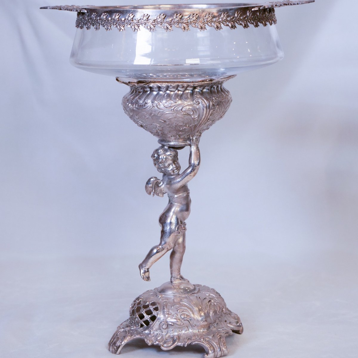 Centerpiece In Silver Plated Metal And Crystal With Bearing Cherub Angel