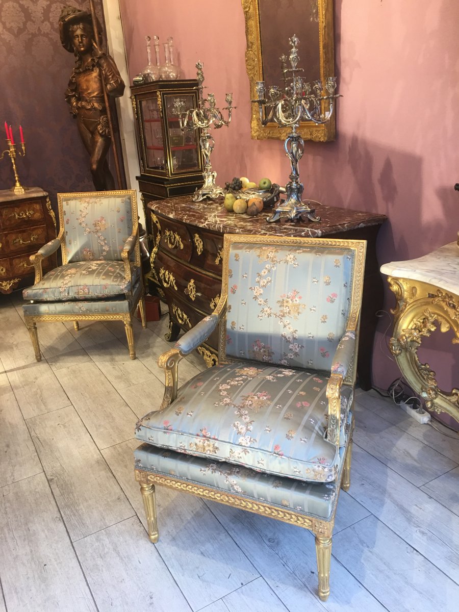 Pair Of Louis XVI Style Armchairs In Golden Wood-photo-5