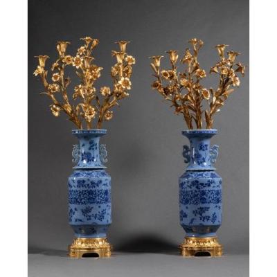 Pair Of Large Chinese Porcelain Vases Mounted Gilt Bronze 19th Century