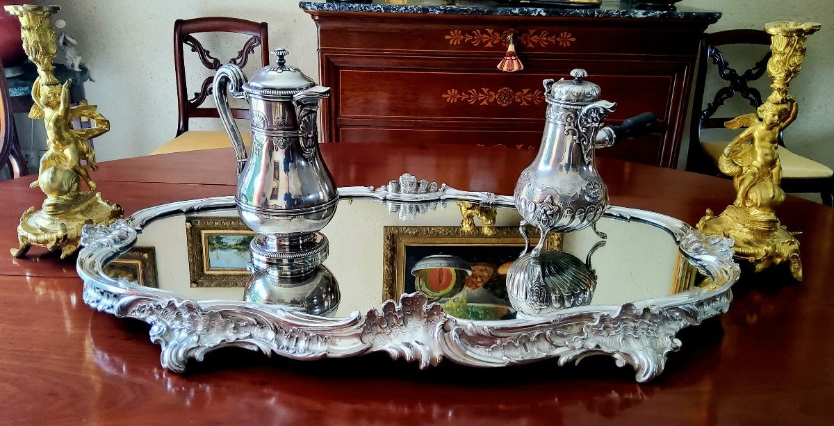 Surtout De Table En Bronze Argenté à Fond De Miroir Style Louis XV Epoque XIXéme-photo-7