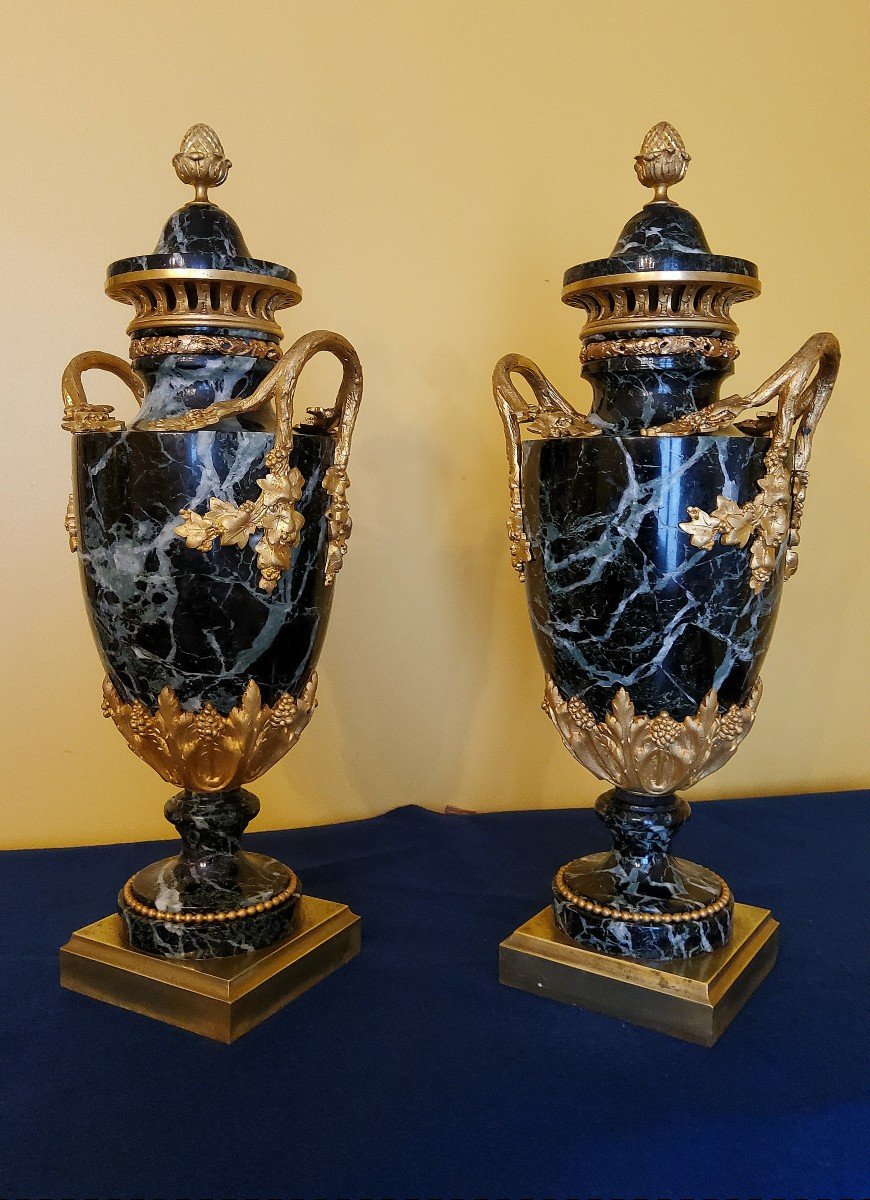 Paire De Vases En Marbre Vert De Mer Et Bronzes Ciselés Et Dorés Style Louis XVI Fin XIXémes-photo-6